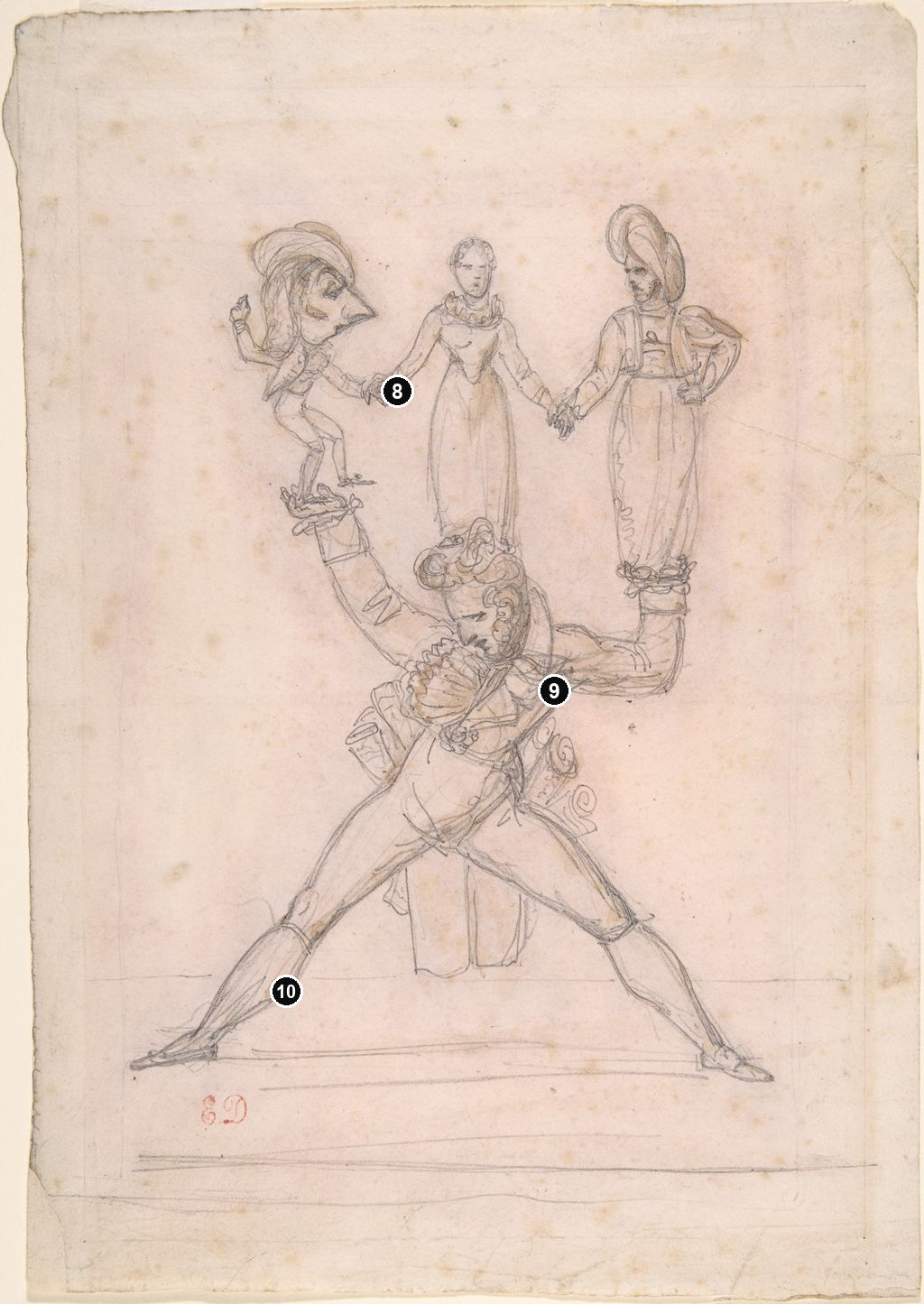Annotated details from The Italian Theatre - Preparatory Recto Drawing by Eugène Delacroix